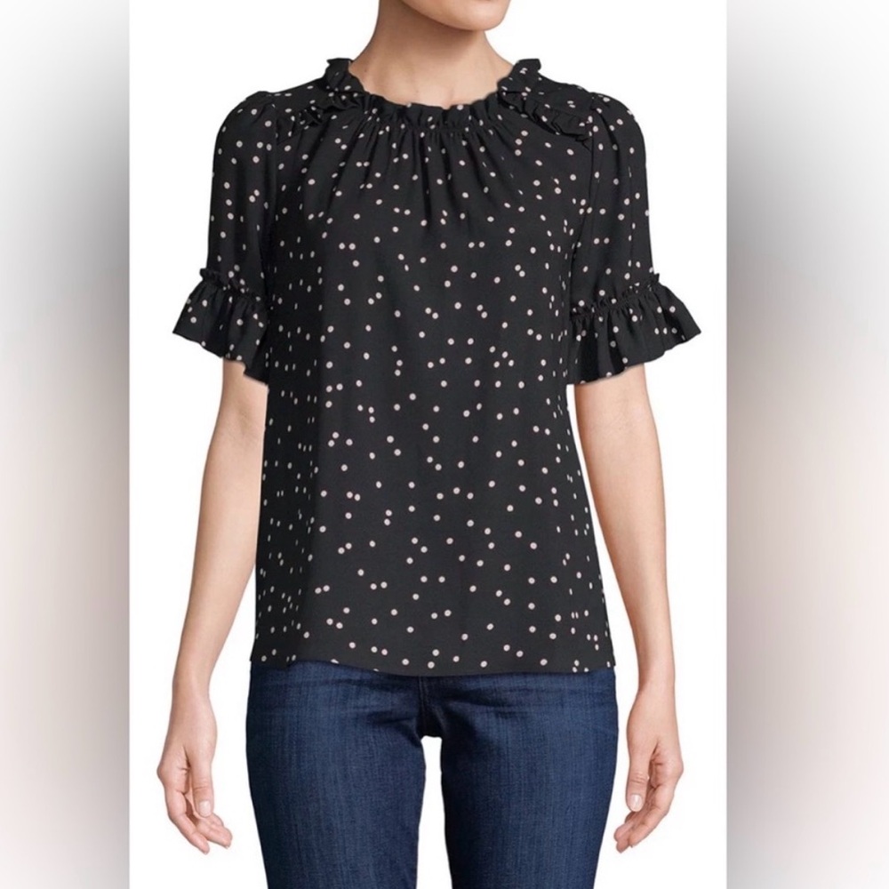 KATE SPADE NEW YORK XS Scatter Dot Ruffle Top Blouse Short Sleeve EUC polka